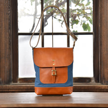 画像をギャラリービューアに読み込む, MUDITA HILL|岡喜近江牛レザーと高島帆布で作った たてショルダーバッグ Mサイズ 【びわ湖ブルー・ブライトキャメル】|Cogocoro(コゴコロ)