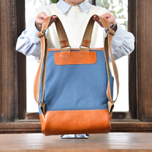 画像をギャラリービューアに読み込む, MUDITA HILL|岡喜近江牛レザーと高島帆布で作った フラップ付きリュック(2バックル) 【びわ湖ブルー・ブライトキャメル】|Cogocoro(コゴコロ)