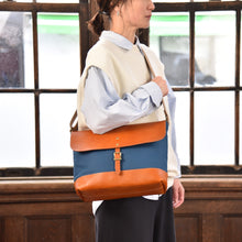 画像をギャラリービューアに読み込む, MUDITA HILL|岡喜近江牛レザーと高島帆布で作った よこショルダーバッグ Lサイズ 【びわ湖ブルー・ブライトキャメル】|Cogocoro(コゴコロ)