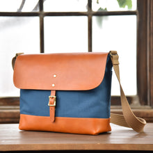 画像をギャラリービューアに読み込む, MUDITA HILL|岡喜近江牛レザーと高島帆布で作った よこショルダーバッグ Lサイズ 【びわ湖ブルー・ブライトキャメル】|Cogocoro(コゴコロ)