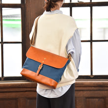 画像をギャラリービューアに読み込む, MUDITA HILL|岡喜近江牛レザーと高島帆布で作った よこショルダーバッグ Lサイズ 【びわ湖ブルー・ブライトキャメル】|Cogocoro(コゴコロ)