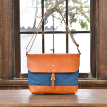 画像をギャラリービューアに読み込む, MUDITA HILL|岡喜近江牛レザーと高島帆布で作った よこショルダーバッグ Lサイズ 【びわ湖ブルー・ブライトキャメル】|Cogocoro(コゴコロ)