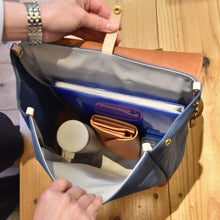 画像をギャラリービューアに読み込む, MUDITA HILL|岡喜近江牛レザーと高島帆布で作った フラップ付きリュック(2バックル) 【びわ湖ブルー・ブライトキャメル】|Cogocoro(コゴコロ)