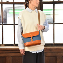 画像をギャラリービューアに読み込む, MUDITA HILL|岡喜近江牛レザーと高島帆布で作った よこショルダーバッグ Sサイズ 【びわ湖ブルー・ブライトキャメル】|Cogocoro(コゴコロ)