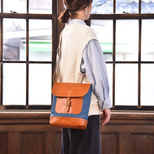 画像をギャラリービューアに読み込む, MUDITA HILL|岡喜近江牛レザーと高島帆布で作った たてショルダーバッグ Mサイズ 【びわ湖ブルー・ブライトキャメル】|Cogocoro(コゴコロ)