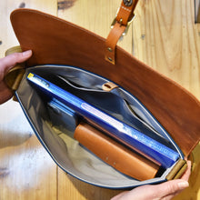 画像をギャラリービューアに読み込む, MUDITA HILL|岡喜近江牛レザーと高島帆布で作った よこショルダーバッグ Lサイズ 【びわ湖ブルー・ブライトキャメル】|Cogocoro(コゴコロ)