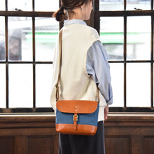 画像をギャラリービューアに読み込む, MUDITA HILL|岡喜近江牛レザーと高島帆布で作った よこショルダーバッグ Sサイズ 【びわ湖ブルー・ブライトキャメル】|Cogocoro(コゴコロ)