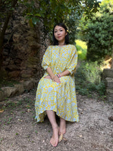 画像をギャラリービューアに読み込む, 上質インドコットン ミディドレス カプリブルー×レモンドロップイエロー|MANGALA ARATI(マンガラ アーラティー)