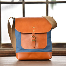 画像をギャラリービューアに読み込む, MUDITA HILL|岡喜近江牛レザーと高島帆布で作った たてショルダーバッグ Mサイズ 【びわ湖ブルー・ブライトキャメル】|Cogocoro(コゴコロ)