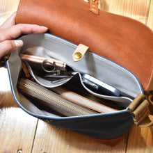 画像をギャラリービューアに読み込む, MUDITA HILL|岡喜近江牛レザーと高島帆布で作った よこショルダーバッグ Sサイズ 【びわ湖ブルー・ブライトキャメル】|Cogocoro(コゴコロ)