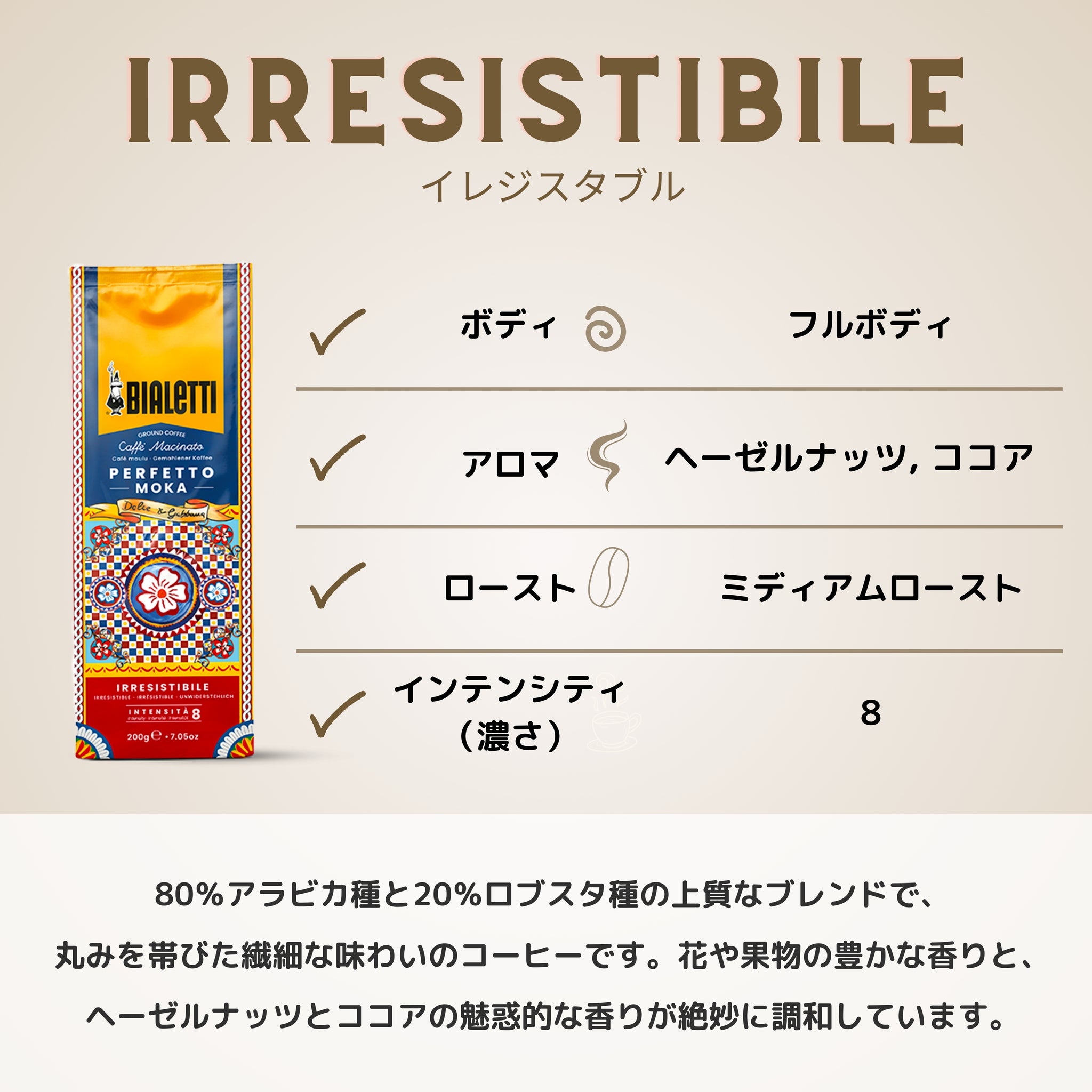 コーヒー（細挽き） ペルフェットモカ イレジスタブル 200グラム