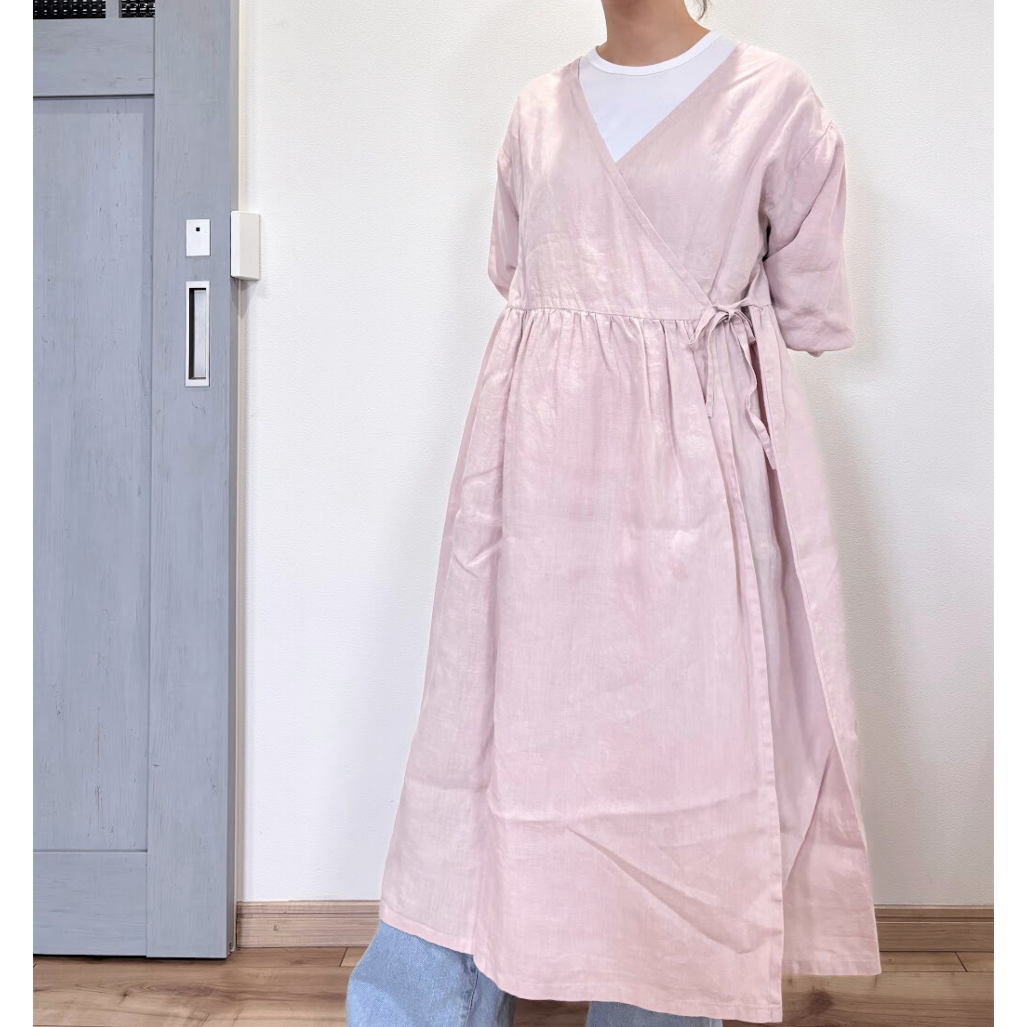 美品 ポロラルフローレン リネン100%カシュクールラップワンピース 4 ピンク 上質リネンのカシュクールワンピース さくら｜かっぽう着屋
