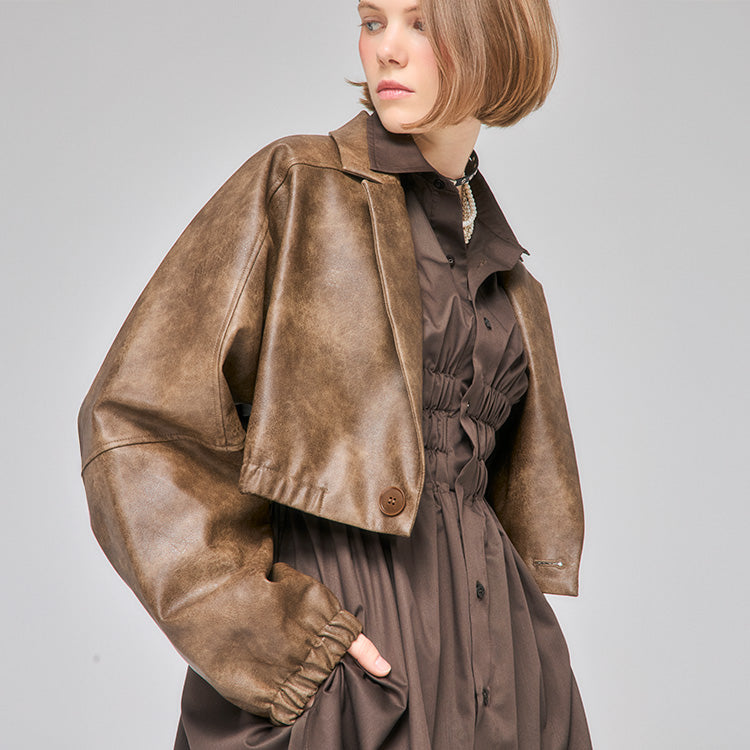 フェイクレザー テーラード コンビネーション ブルゾン｜Nora Lily elle（ノラリリーエル）