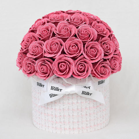 IRiller 尾州ツイードボウルブーケ 桃雫〈ピンクバラ50本〉｜日本製グリッターローズ｜IRiller（アイリエ）