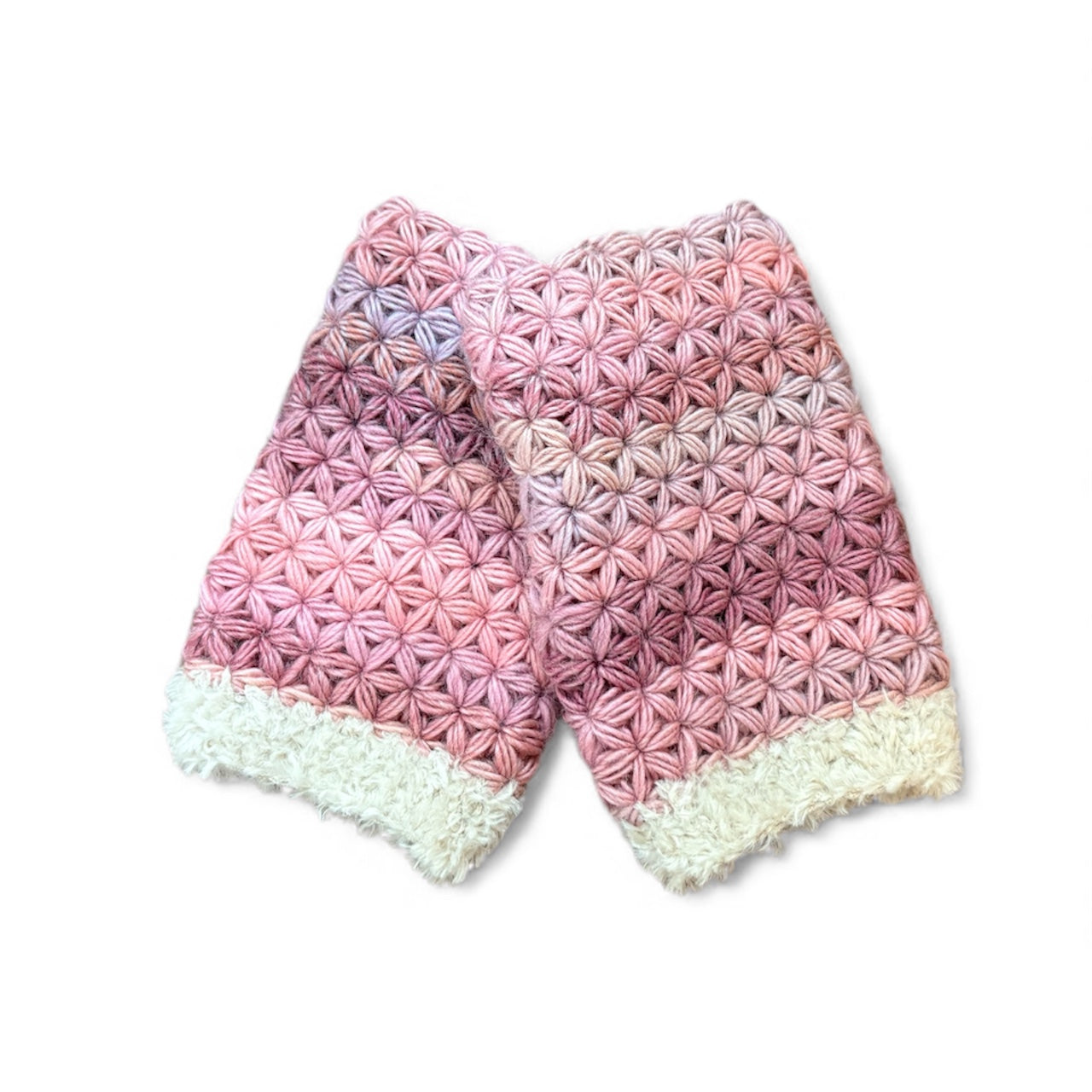 グラデーションピンクのお花いっぱいハンドウォーマー｜M'S  CROCHET（エムズクロシェット）