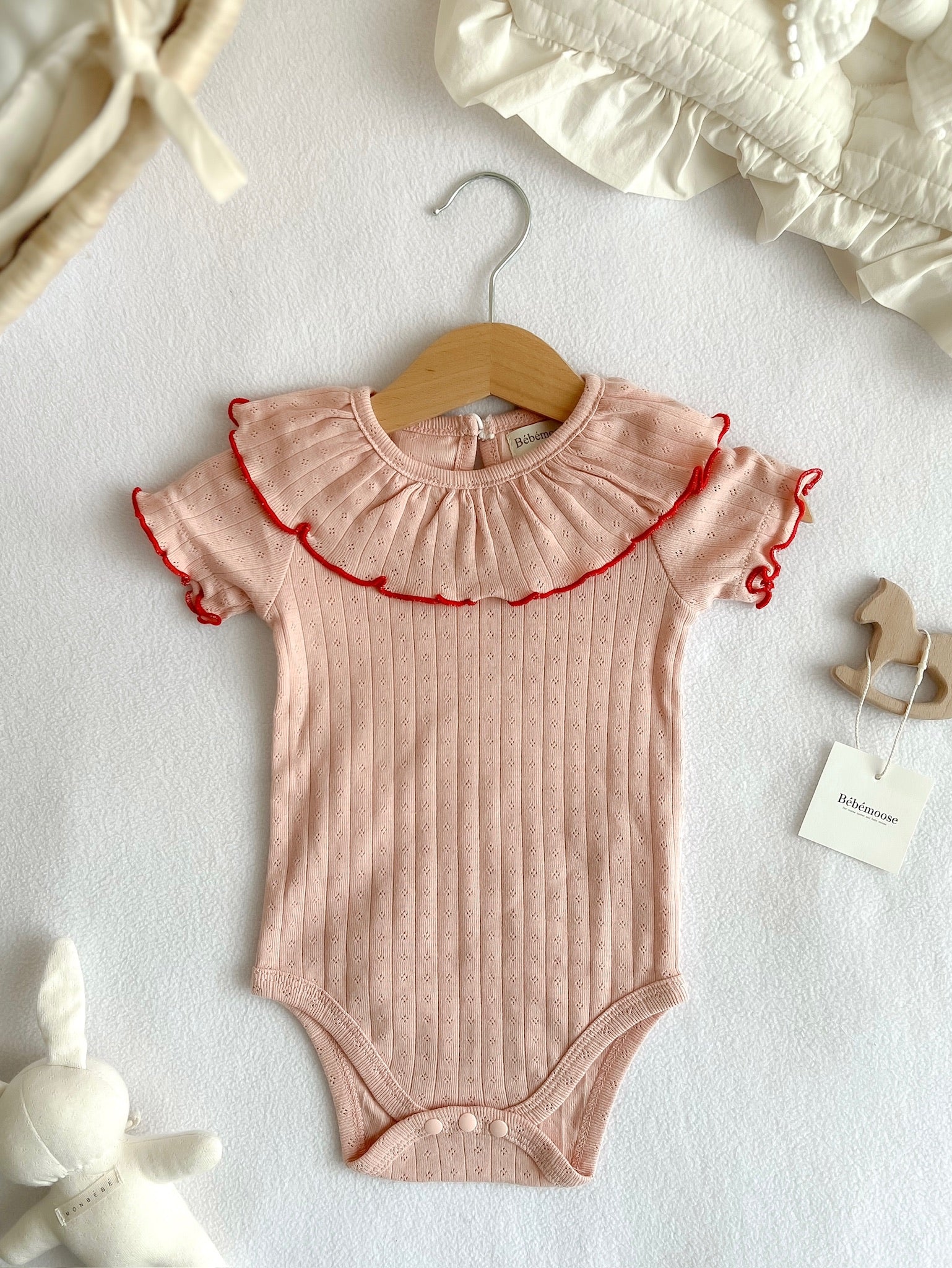 【Strawberry latte】 -Ruffly cotton rompers｜Bébémoose （ベベムース）