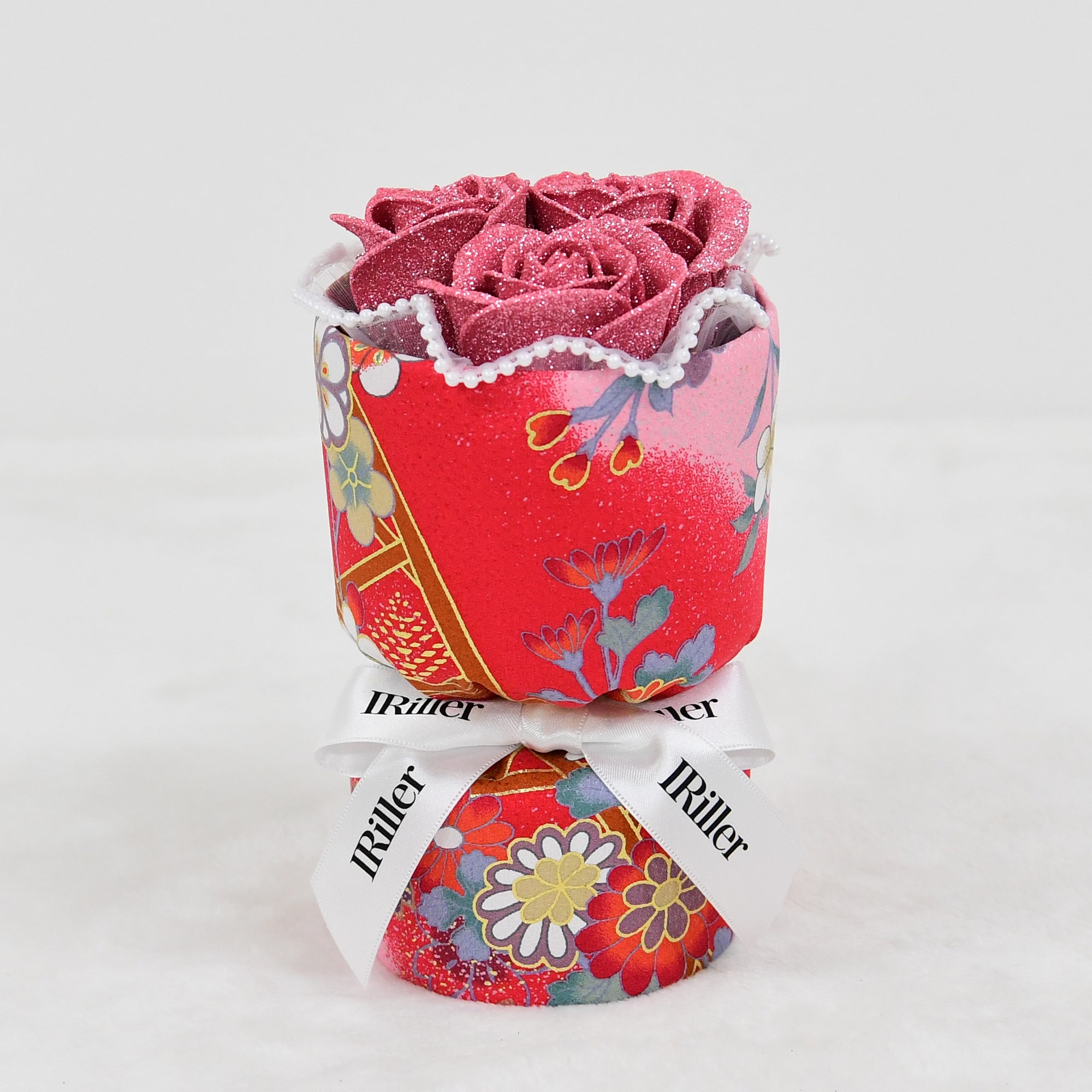 着物ブーケ 紅純恋〈ピンクバラ3本〉｜日本製グリッターローズ｜IRiller（アイリエ）