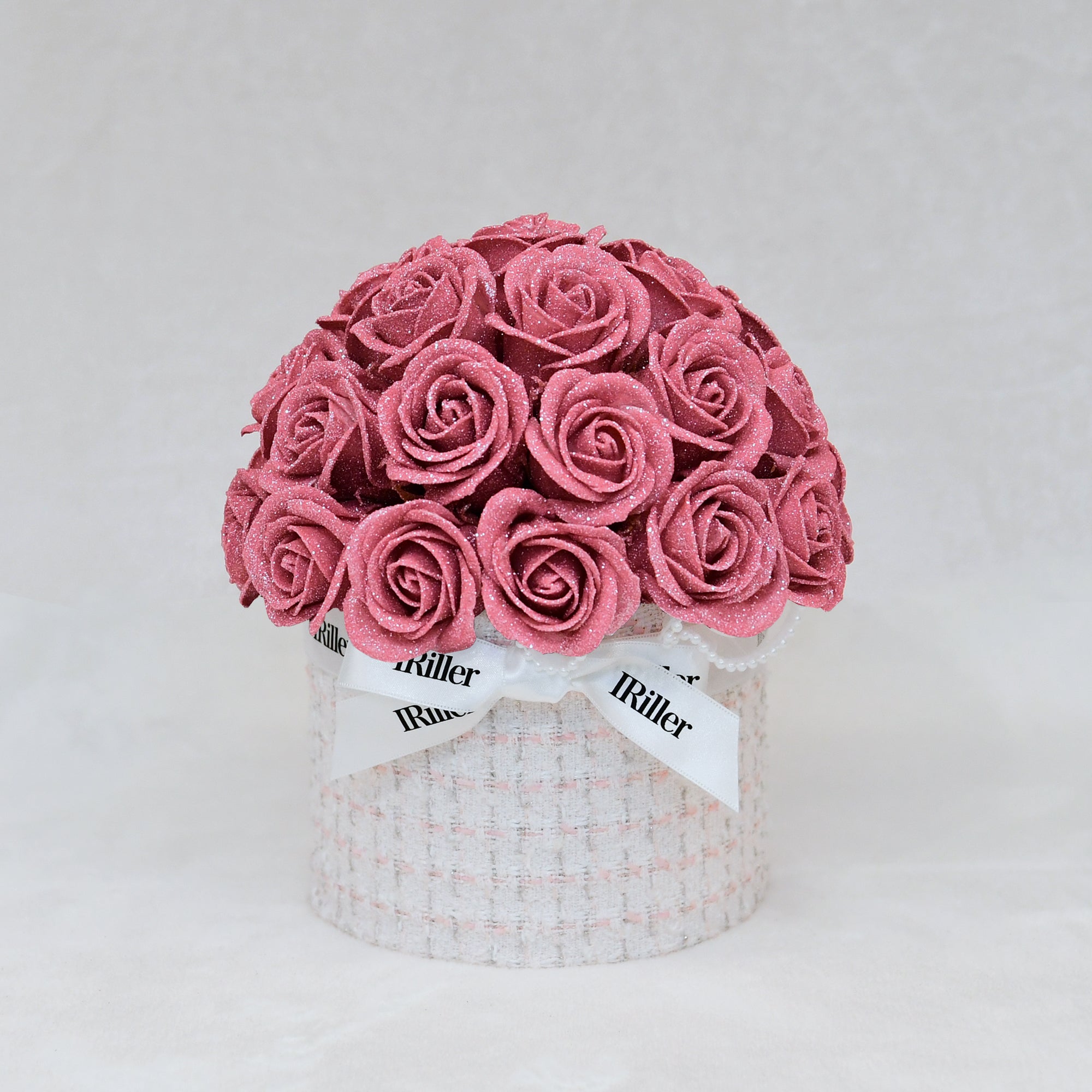 尾州ツイードボウルブーケ 桃雫〈ピンクバラ30本〉｜日本製グリッターローズ｜IRiller（アイリエ）