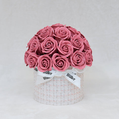 IRiller 尾州ツイードボウルブーケ 桃雫〈ピンクバラ30本〉｜日本製グリッターローズ｜IRiller（アイリエ）