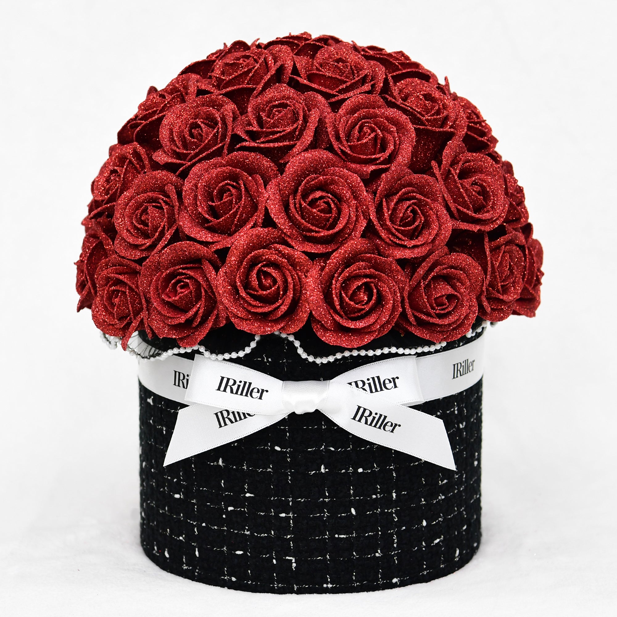 尾州ツイードボウルブーケ 凛々響〈赤バラ50本〉｜日本製グリッターローズ｜IRiller（アイリエ）