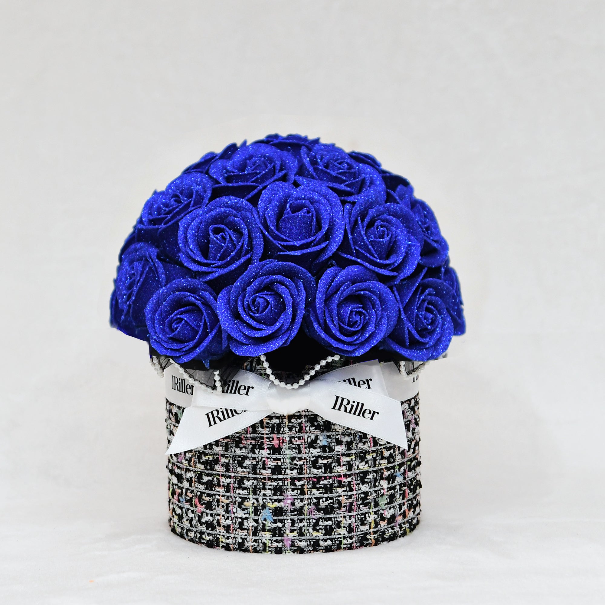 尾州ツイードボウルブーケ 華絹〈青バラ30本〉｜日本製グリッターローズ｜IRiller（アイリエ）