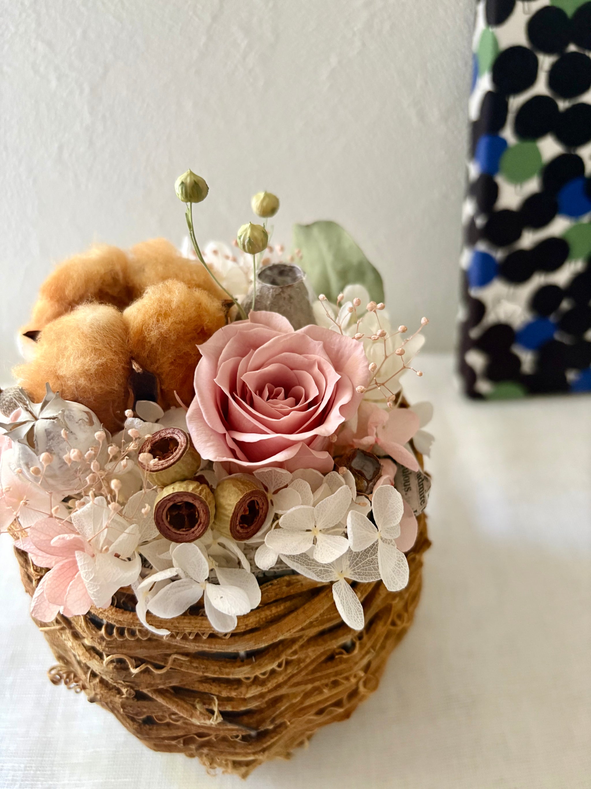 茶色コットンとバラのプリザーブドフラワー｜ふぁん natural florist