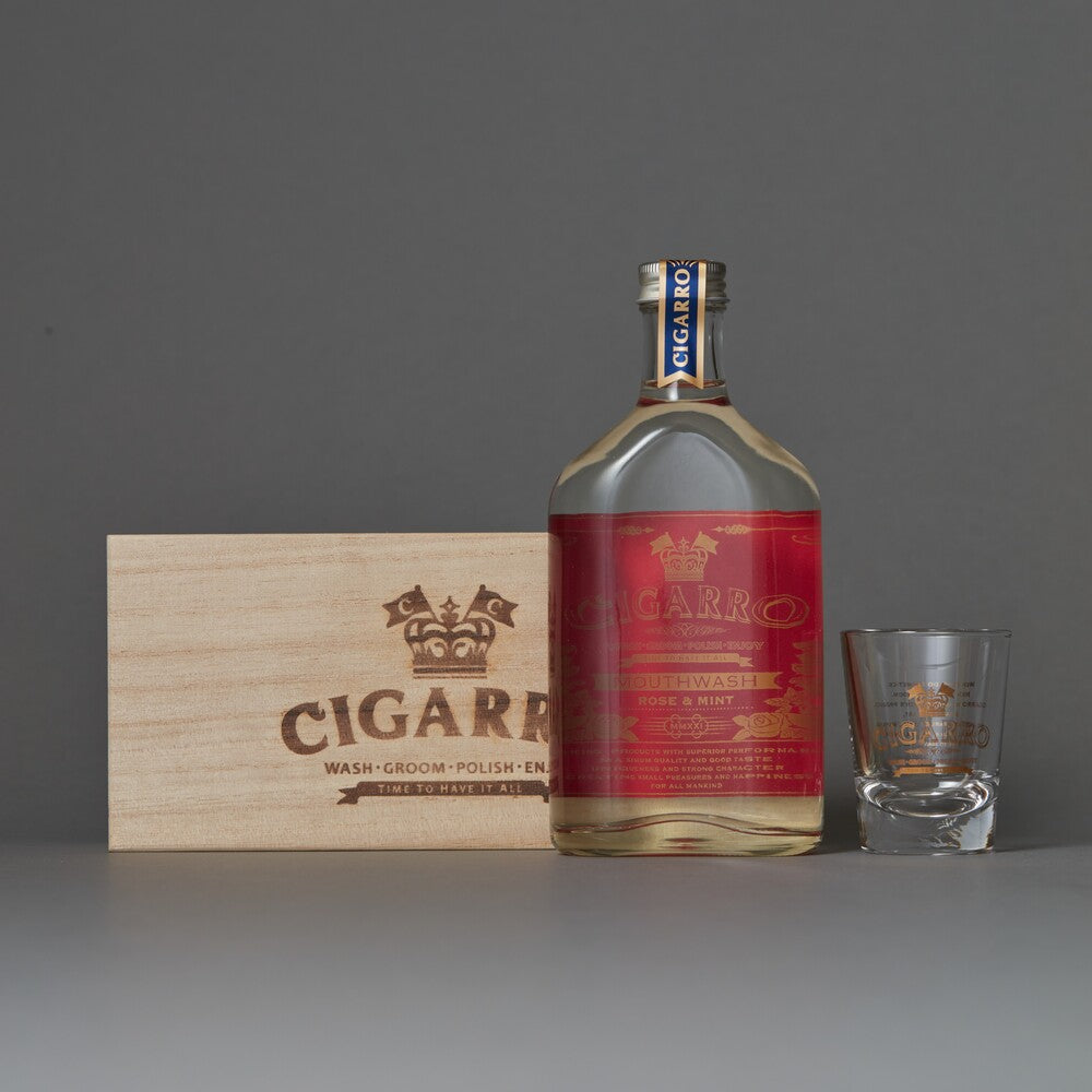 マウスウォッシュ ローズ＆ミント （口内洗浄料） 200mL　ショットグラス・木箱付｜CIGARRO（シガーロ）