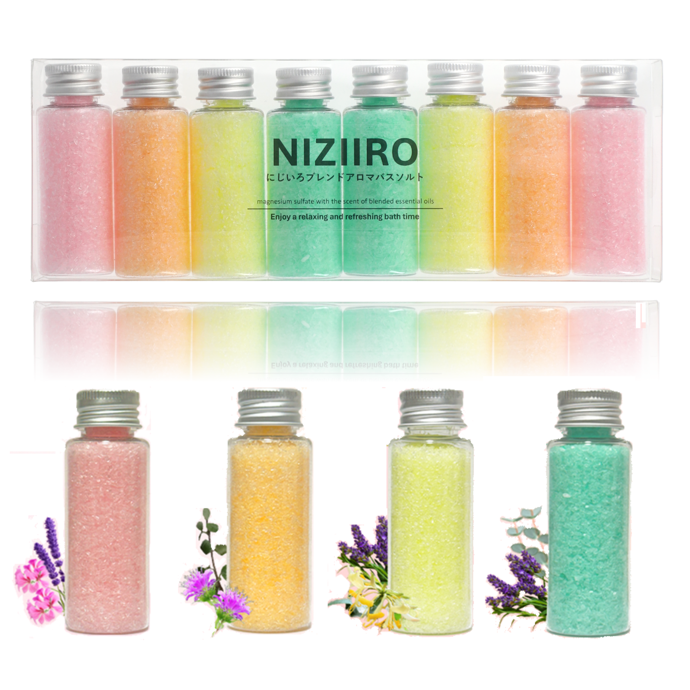 にじいろブレンドアロマバスソルト (HAPPY＆PASSION)  入浴剤 8本セット 【そのまま渡せる】エプソムソルト バスソルト プレゼント・プチギフトにおススメ☆｜NIZIIRO（ニジイロ）