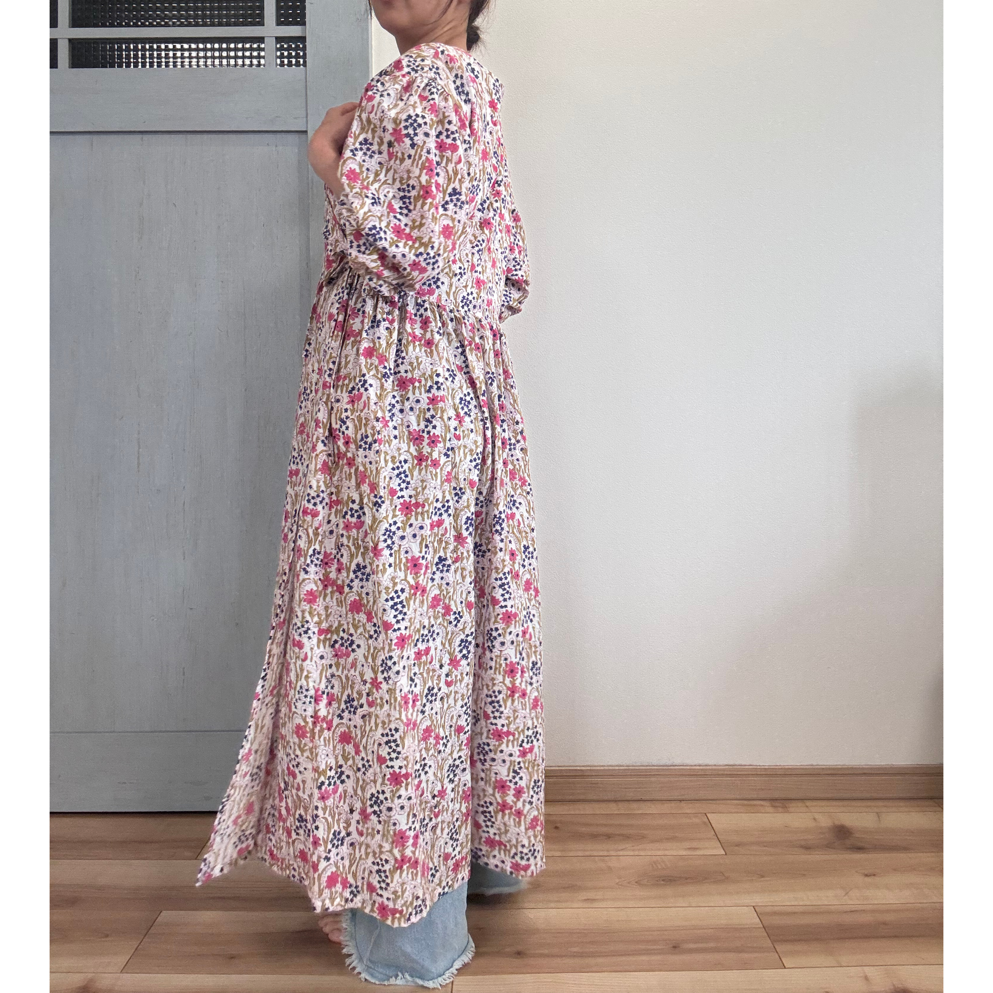 ブロックプリントのカシュクールワンピース インド綿 一点モノ