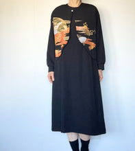 画像をギャラリービューアに読み込む, 扇子 牡丹 糸目刺繍 黒留袖 ワンピース &amp; パフスリーブ ボレロジャケット 9号～11号 M 裏地付き｜着物リメイクあんえんkyoto（キモノリメイクアンエンキョウト）
