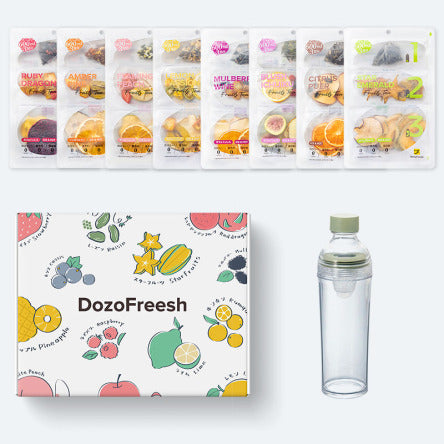 DozoFreesh Gift Set (Smoky Green Bottle)　全種8袋とHARIOのフィルターインボトルのプレゼントBOXセット｜ DozoFreesh（ドーゾフリーシュ）